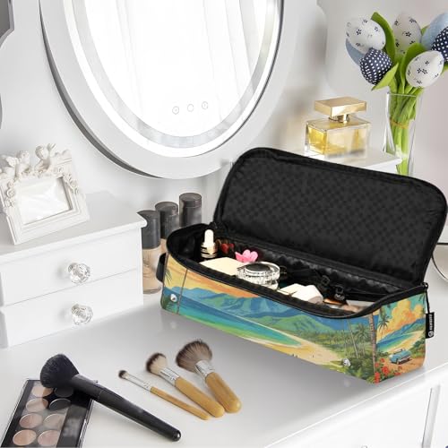 Bolso de viaje para herramientas de cabello con tapete resistente al calor removible, impermeable, portátil para planchas, rizadores y secador de cabello, diseño retro de paisaje costero miniatura 7
