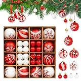 Sporgo Juego de 44 bolas de Navidad de plástico, color rojo y blanco, con colgador, irrompibles, de plástico, decoración de Navidad