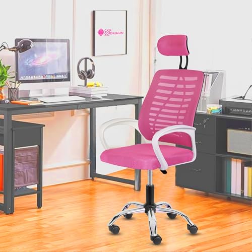 Image of Casa Copenhagen,Mesh Office Desk,Rocking, Ergonomic Computer Chair Adjustable High with Headrest and Comfortable Armrest Swivel Chair - Pink & White Handle