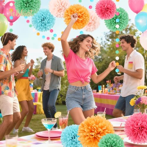 Image of AOBKIAT Rainbow Birthday Decorations for Girls Women,15PCS | Colorful Tissue Paper Pom Poms,Paper Garland String,for Candyland Theme Baby Shower Wedding Fiesta Party Hanging Backdrop
