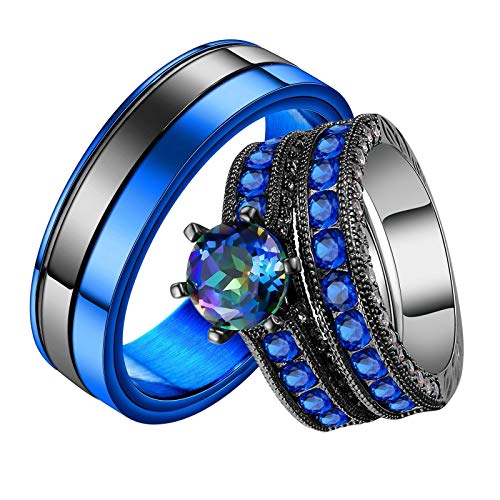 Aokarry Couple Ring Bridal Set His Hers Wedding Rings Set Black Blue Plated Stainless Steel Bands Ring & Copper Round Blue Cubic Zirconia Ring Women Size 7 & Men Size 9