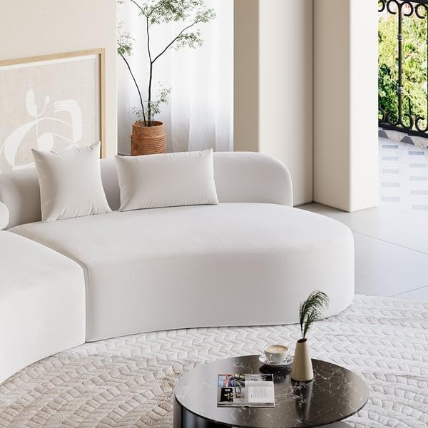 Image of Modern Velvet Living Room Interior Curved Style chesterfiled Sofa Lounger 2-Pieces Sofa with Included Pillows (Cream)