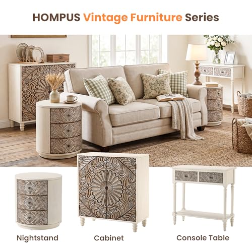 Image of HOMPUS Round End Table Set 2, Fully Assembled Nightstand w 3 Storage Drawers, Farmhouse Wood Dresser Set of 2, Vintage Nightstand Bedside Tables, Aceent End Tables for Bedroom, Rustic White