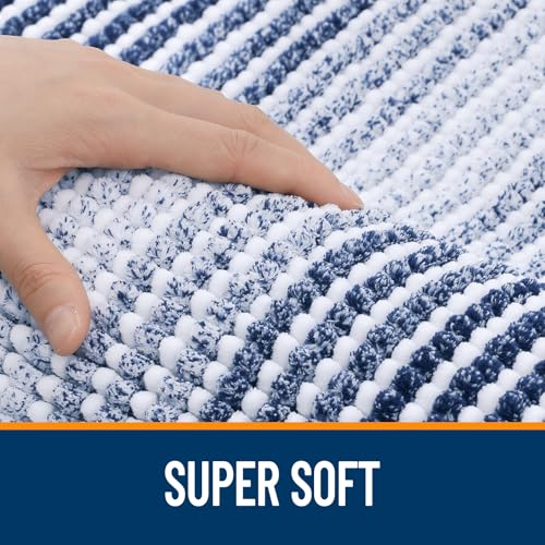 Image of OLANLY Bathroom Runner Rugs 47x20, Extra Soft Absorbent Chenille Striped Bath Rugs, Rubber Backing, Machine Wash Dry, Long Bath Mats for Bathroom, Tub, Shower, Home Decor Accessories, Navy
