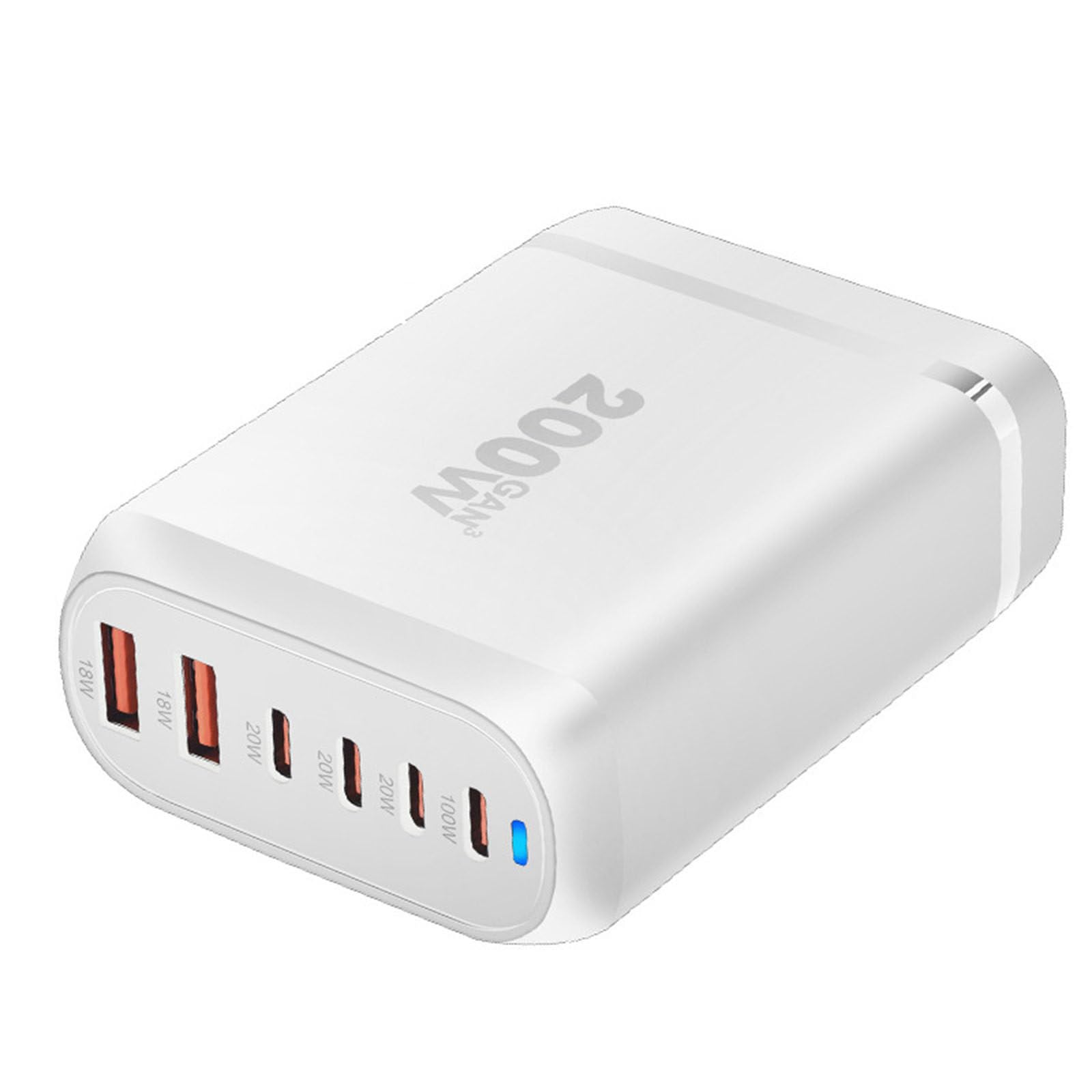 Cargador multipuerto de 200 W, cargador de escritorio USB de 6 puertos, cargador PD, cargador rápido 3,0, cargador USB móvil,White