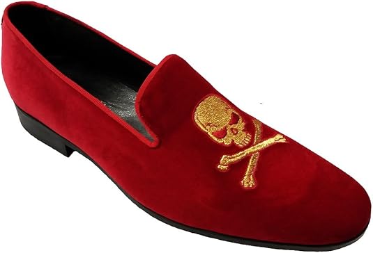Red Velvet Loafers Slippers with Skull 