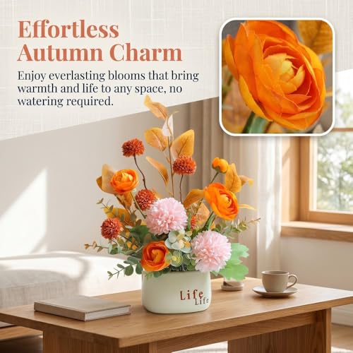 Composition florale artificielle en vase fleurs orange rose feuillage déco de table C1 - 7