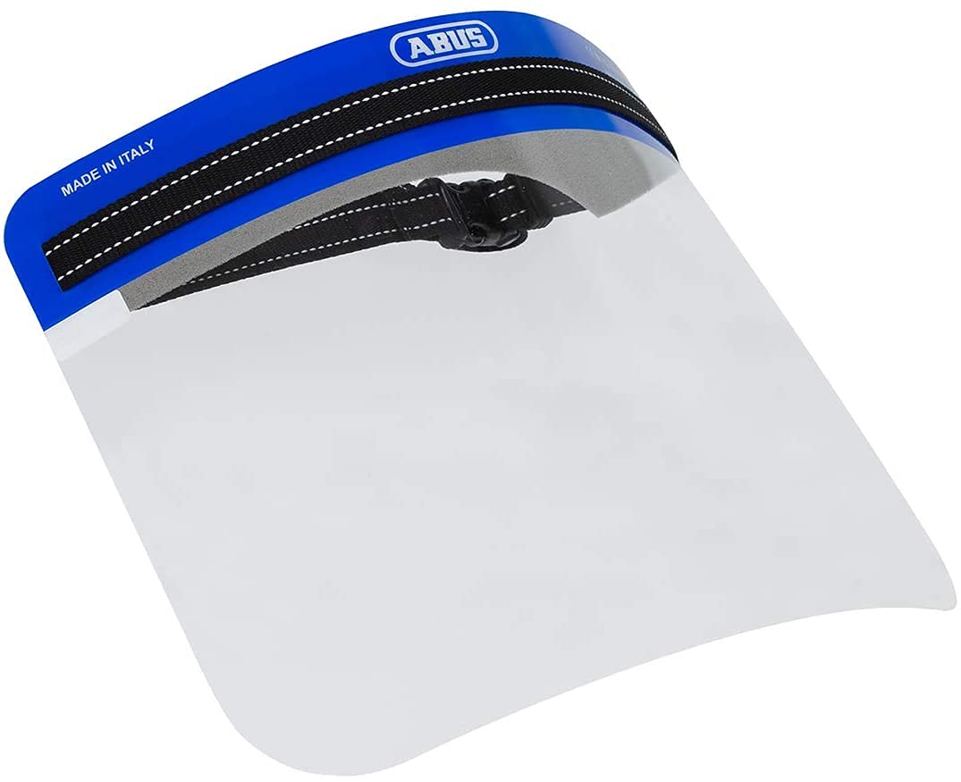 ABUS Face Guard - Protector facial con visera ancha de cristal acrílico, certificado EN 166, lavable, apto para personas con gafas, juego de 100 unidades, color azul, talla única