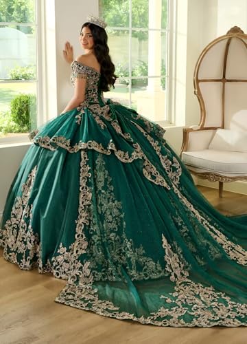 Glitter Tulle Quinceanera Dress with Train Luxury Tassel Sweet 15 16 Dress with Detachable Bow Gold Beaded Ball Gown2