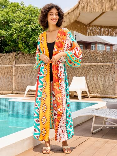 Image of Women's Kimono Cover Up Long Beach Dress Swimsuit Cover Ups Colorful Cardigan Lightweight Robe for Swimwear