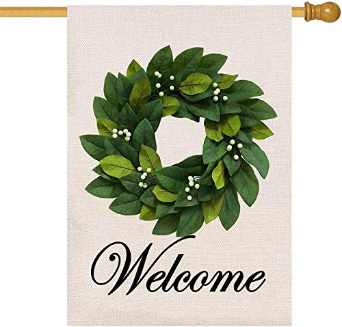 Baccessor-Spring-Summer-Welcome-Wreath-House-Flag-28-x-40-Inch-Magnolia-Leaves-House-Flag-Vertical-Double-Sided-Burlap-Farmhouse-Large-Flags-Outdoor-Outside-Seasonal-Yard-Decoration Baccessor Spring Summer Welcome Wreath House Flag 28 x 40 Inch Magnolia Leaves House Flag Vertical Double Sided Burlap Farmhouse Large Flags Outdoor Outside Seasonal Yard Decoration