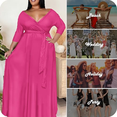 Image of Nmoder Plus Size Maxi Dress for Women - Summer Casual 3 /4 Sleeve Floral Flowy Long Dress with Belt XL- 6XL