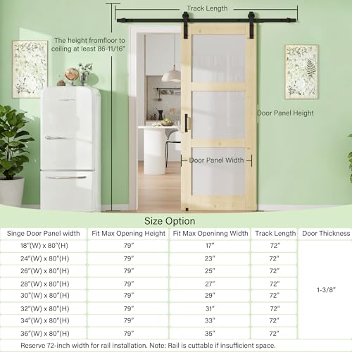 Image of 30 inch x 80 inch 1-Lite Tempered Frosted Glass Barn Door with 72 inch Hardware Kit