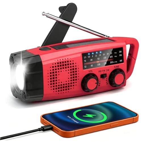 Radio Portable Chargeur Solaire, GEMMAC AM/FM/SW Radio Dynamo Chargeur de Téléphone avec 2000mAh Power Bank/SOS Alarm/Lampe Poch/Manivelle, Kit de Survie...
