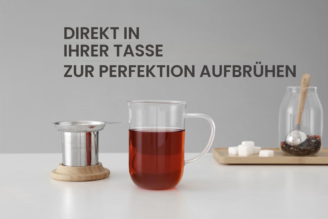 VIVA Minima Balance Glass Infuser Tea Cup - 17 oz / 500 ml Mug with Stainless Steel Infusion Mesh and Bamboo Wood Lid