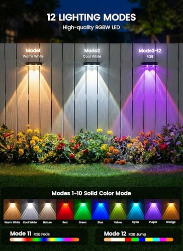 Brightown 8 Pack Solar-Fence-Lights-Outdoor, IP65 Waterproof Warm White & RGB 11 Color Solar Deck Step Flood Lights, Solar Patio Lights for Outside Backyard Yard Home Improvement Wall Railing