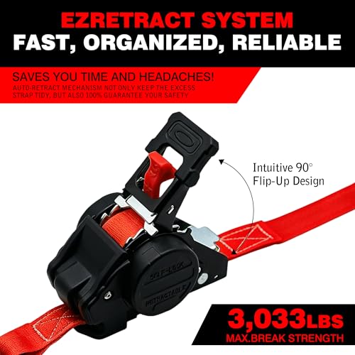 Image of Retractable Ratchet Straps 1 inch x 13Ft, Heavy Duty Self Retracting Tie Down Straps, 1800lb Break Strength Auto Retract Cargo Straps for Truck, Trailer, Motorcycle, ATV, UTV, (Red, 4 Pack)