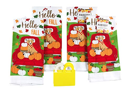 Fall Harvest Kitchen Dish Towels Set: Brown Dog Enjoys The Colorful Autumn Leaves And Pumpkins In Farm Truck, Set Of 4 (Fall Dogs) #TOP13