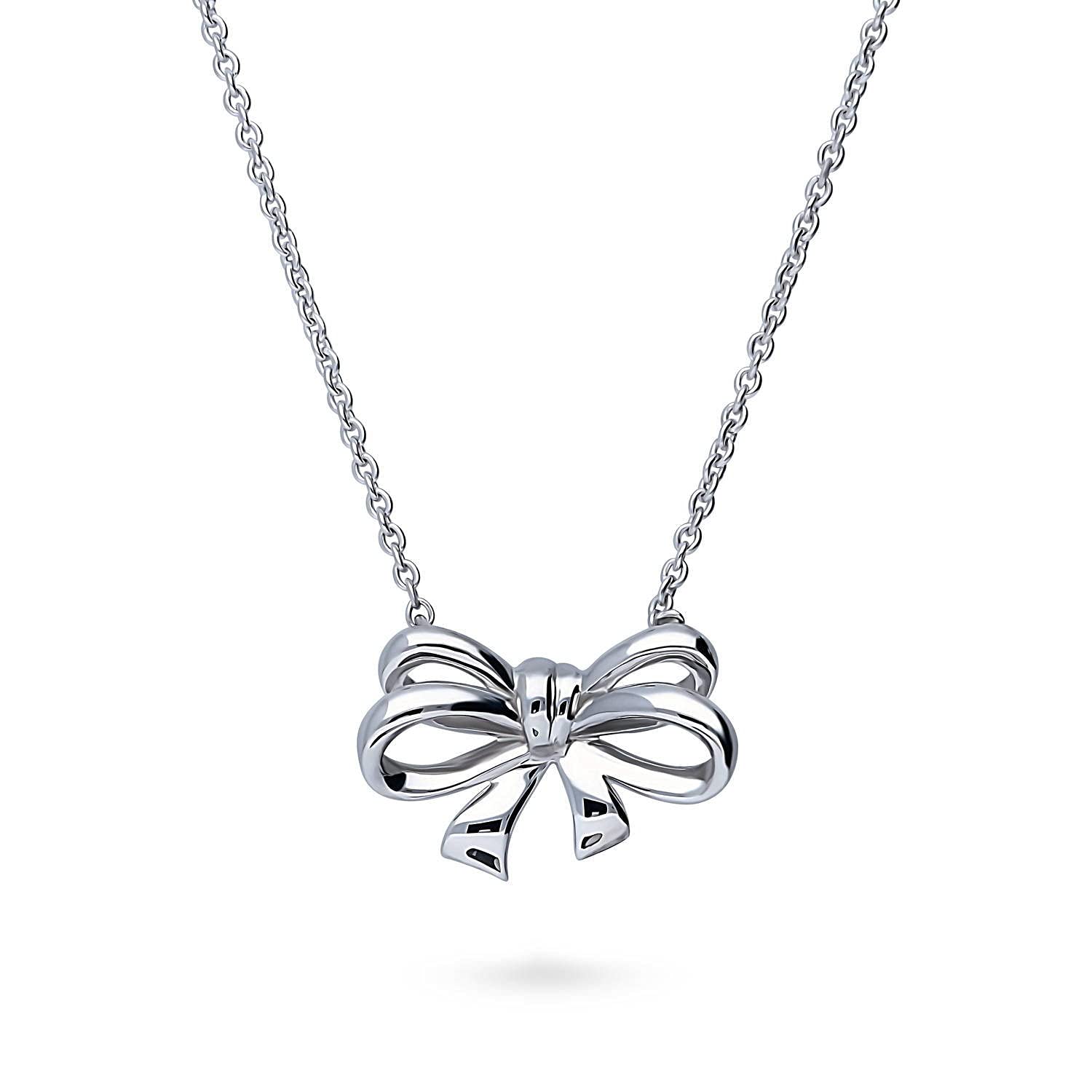 BERRICLESterling Silver Bow Tie Ribbon Fashion Pendant Necklace for Women, Rhodium Plated, Sterling Silver, No Gemstone