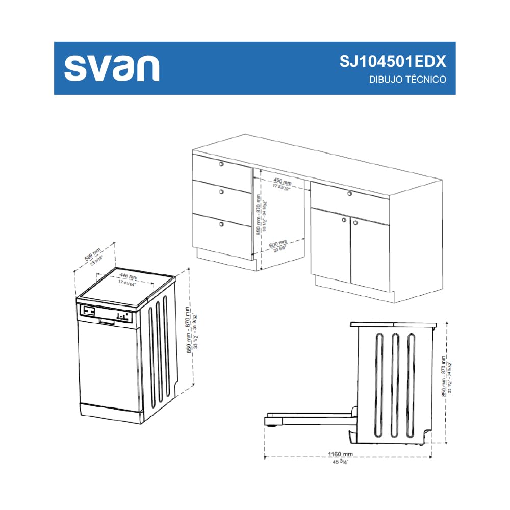 Svan Lavavajillas Inox, Libre Instalación, SJ104501EDX. 10 Cubiertos, 2 Bandejas, 6 Programas, Control Electrónico, Función Stop&Go, Eficiencia Energética Clase E
