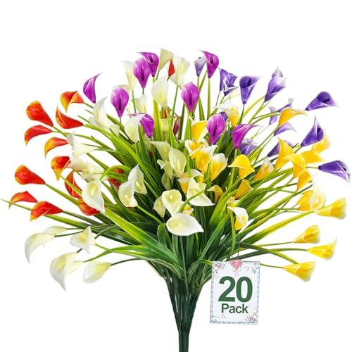 TURNMEON 20 Bundles Calla Lily (400 Heads) Artificial Flowers for Outdoors, Fake Plants UV Resistant...