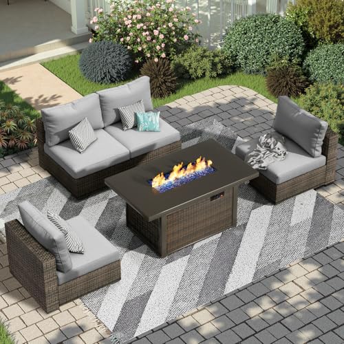 TANGJEAMER 5 Piece Patio Furniture Set with Fire Pit Table, Outdoor Sectional Sofa PE Rattan, Patio Conversation Sets with Cushions for Garden Lawn Balcony Porch Deck Grey
