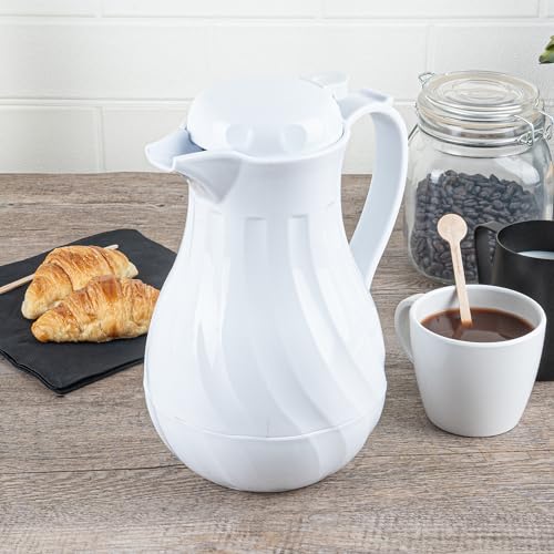 Restaurantware-Restpresso 42 Ounce Coffee Carafe, 1 Insulated Coffee Server - Push-Button Top, Swirl Design, White Plastic Pitcher, Built-In Handle, With Identification Tags by Restaurantware - Image 3