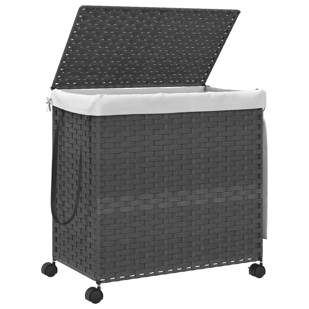 Wäschekorb mit Rollen Grau, handgeflochten aus Rattan und Stahl, 60 x 35 x 60,5 cm, 3 Fächer, Deckel, Innenbeutel, faltbar, Wäschesammler für Bad und Waschküche