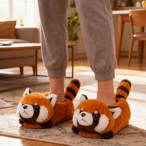 Image of ARELUX Animal Slippers Cotton Adult Unisex, Cute Novelty Raccoon Fox Red Panda Plush House Shoes with Non-Slip Sole, Warm Fuzzy Lining for Indoor Outdoor Cosplay Party Gift