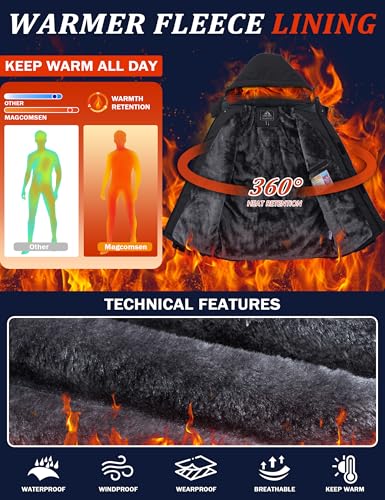 MAGCOMSEN Winterjacken Herren Warm Softshelljacke Winddicht Wasserdicht Skijacke Herren Fleece Gefüttert Winterparka mit Multi Taschen Atmungsaktiv Snowboardjacke Schwarz L