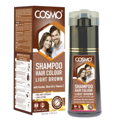 Cosmo Hair Colour Shampoo Light Brown 180ml | With Keratin Olive Oil & Vitamin E | 100% Grey Coverage | No Ammonia | No Stain | Long-Lasting Hair Color | For Men & Women | Hair Colors In Minutes