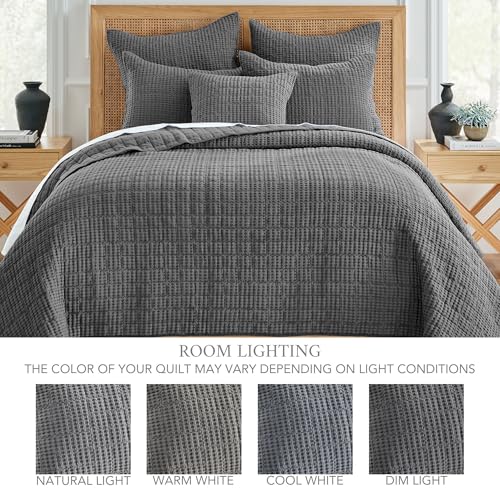 Image of Levtex Home Mills Waffle King Bedspread Set (120x104in) with 2 Pillow Shams (36x20in) - Charcoal - Cotton King Size Bedspread Set - Soft, Pre-Washed