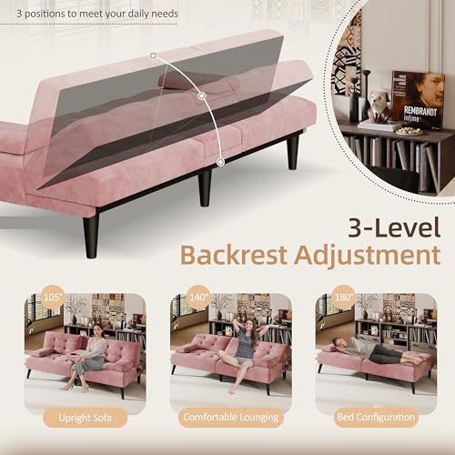 Image of Shintenchi Futon Sofa Bed, Velvet Foldable Couch, Reclining Sleeper with Removable Armrests, Upholstered Loveseat Sofa Couch with Folding Cup Holders for Office, Home, Pink