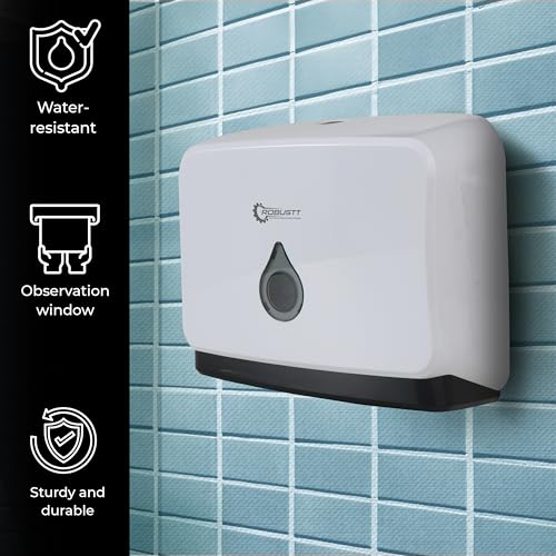 Image of Robustt Wall-Mounted V /N /M Fold Paper Hand Towel Dispenser - White (with 4 Adhesive Hooks) | Large Capacity | Durable ABS Material | Water-Resistant | Push Button Lock (Pack of 1)