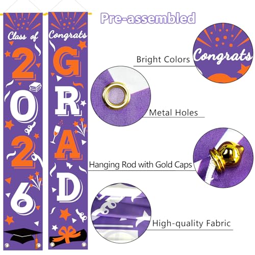 Image of Graduation Porch Banner Class Sign Congrats Grad Hanging Flags High School College University Party Decoration For Front Door Outdoor Purple Orange