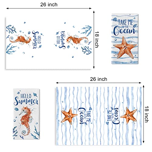 Seliem Hello Summer Sea Horse Starfish Kitchen Dish Towel Set Of 2, Conch Coral Coastal Hand Towel Nautical Drying Baking Cooking Cloth, Take Me To The Ocean Seasonal Home Kitchen Decor 18X26 Inches #TOP1