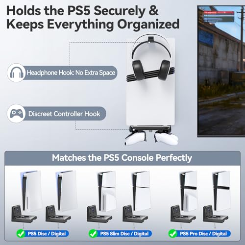 Image of P5 Wall Mount Kit with Controller Holder Compatible with P5 /Slim /Pro Disc & Digital, Pa5 Mount Floating for Gaming Accessories, Compact Pa5 Vertical Wall Shelf Organizer Bracket with Headphone Hook