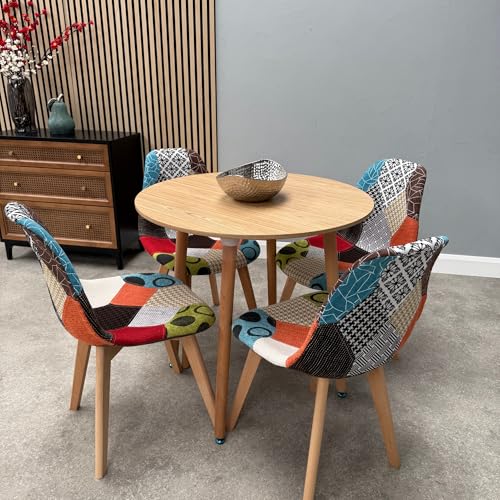 Image of Life Interiors Halo Round Dining Table Set with 4 Patchwork Chairs - Scandinavian Modern Design, Solid Wood Legs, Compact & Stylish for Small Spaces