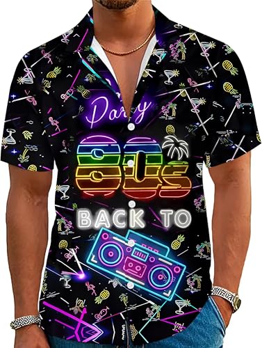 YZMI 80s Outfit for Men Back to 80s Button Up Shirts Hawaiian Neon Graphic Short Sleeve Tee Black 3XL