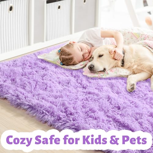 Light Purple Rugs for Bedroom Girls Room Decor Aesthetic, Cute Fluffy Shag Lavender Area Rug 4x6 for Living Room Dorm Classroom Nursery, Furry Plush Fuzzy Soft Throw Lilac Carpet for Kids, Baby, Teen