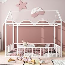 Lakifun Twin Size Metal House Bed Playhouse With Roof & Fence Railings for Boys Girls Toddler, Sturdy Floor Montessori Canopy Frame With Post Foot Pads for Teen, Can Decorate, White