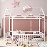 Merax Twin Size Metal Bed House Shaped Bed Frame with Fence for Kids,Teens,Girls,Boys,Cabin Floor Bed for Bedroom,White