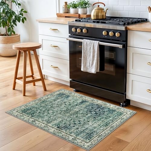 2x3 Green Blue Washable Rugs for Entryway, Soft Distressed Floral Area Rug Vintage Carpet with Non-Slip Low-Pile Mat for Kitchen, Bedside, Foyer, Indoor Door Mat