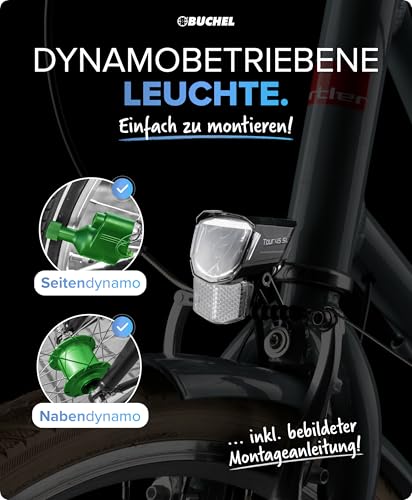 BÜCHEL Tour Dynamo Lampe mit Standlicht und StVZO Zulassung I 45 LUX Fahrradlampe vorne, LED Standlicht, Fahrrad Scheinwerfer, LED Fahrradlicht vorne