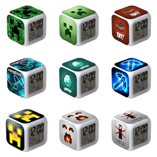 目覚まし時計 マインクラフト 光る時計 クリーパー ゾンビ アレックス スティーブ イルカ シャオヘイ カメ オウム 置き時計 卓上時計 電池式 電池なし かわいい 軽量 耐久性 7色ライト変換 温度表示 LED数字表示 寝室 室内用 誕生日 子供 プレゼ