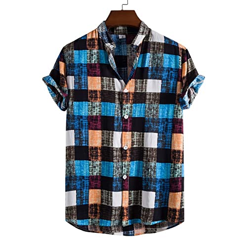 Chemise en lin homme pour la plage et l'été à carreaux bleus