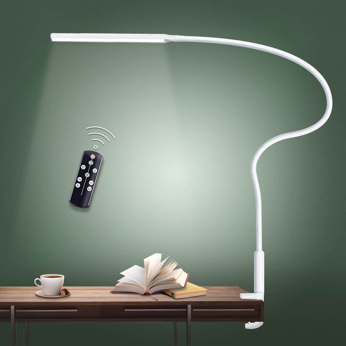 Desk Lamp LED USB Power Eye-Care Swing Arm Lamp Flexible Gooseneck Clamp,Dimmable,Architect Lamp 3 Color Modes,Desk Light Memory Reading Working Study,Energy Saving (WHITE REMOTE)