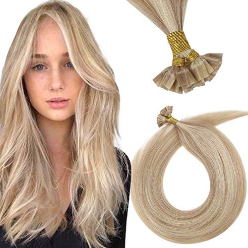 VeSunny 14" Flat Tip Hair Extensions Human Hair Color #18 Ash Brown Mixed #613 Bleach Blonde Keratin Fusion Hair Extensions 50g Per Package