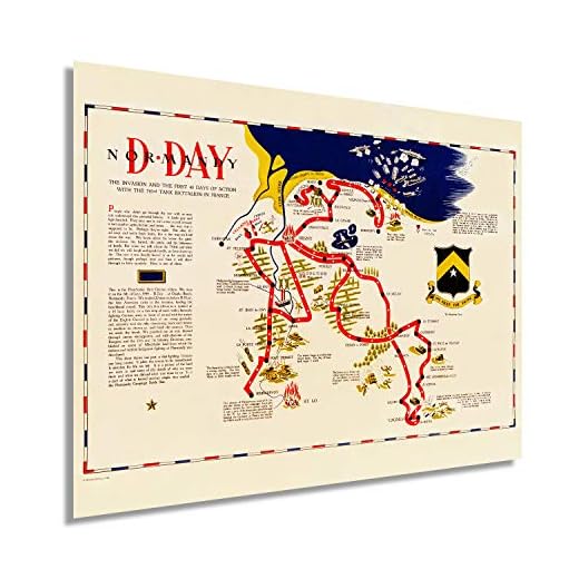 Historix Vintage 1944 D dag Normandie karta affisch – 45 x 60 cm vintage karta väggkonst – WW2 karta över D-dagen invasion första 48 dagars action med 743:e Tank Battalion i Frankrike – D dag affisch (2 storlekar)