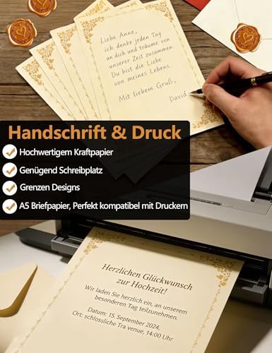 Briefpapier mit Umschlag, 40 Stück Set Vintage Schreiben mit 6 Briefumschläge Ohne Fenster, 20 A5 Briefpapier, 6 Wachssiegel Selbstklebend & 8 Getrocknete Blumen, für Liebesbrief Hochzeit Geburtstag